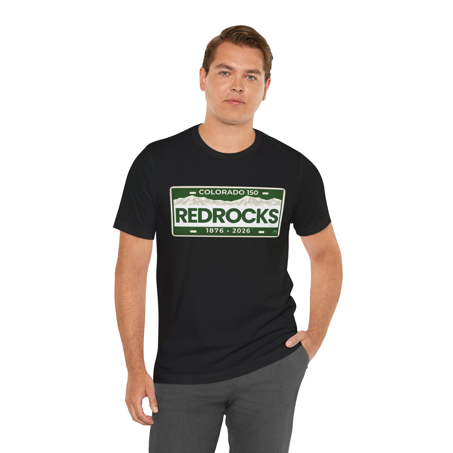 Colorado 150 Red Rocks License Plate T-Shirt – 1876–2026