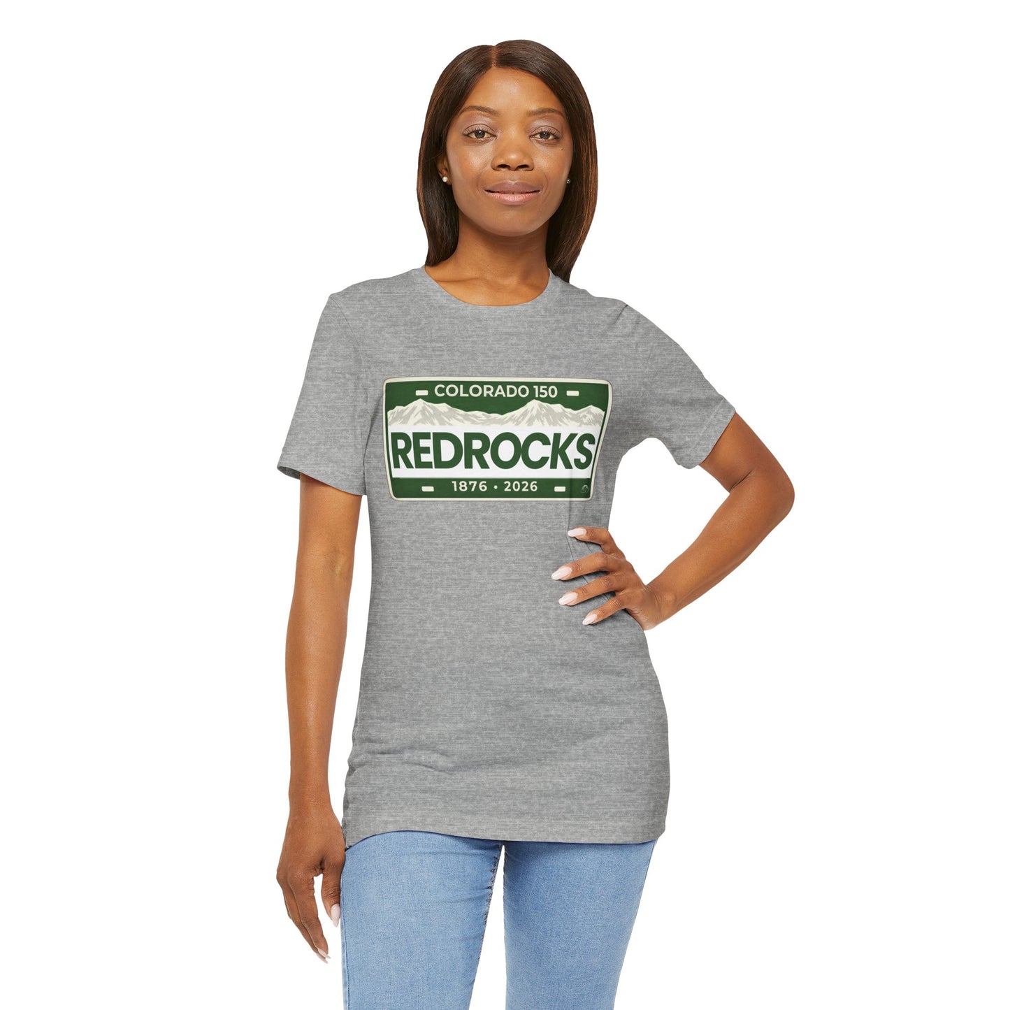 Colorado 150 Red Rocks License Plate T-Shirt – 1876–2026
